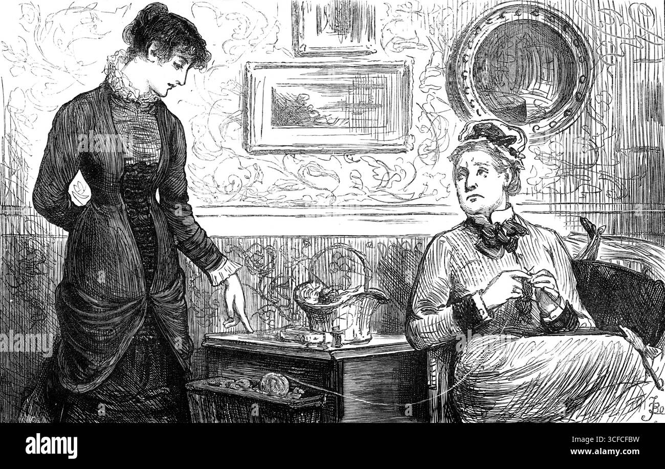 "...MRS Goodhart... dit avec un soupir... "je n'ai aucune patience avec Mr. Wildair"..., 1881. Illustration à "personnes que j'ai rencontrées". George est faible ; et les femmes découvrent bientôt cet échec, qui est un échec qu'elles passent rarement au-dessus. Même MRS Goodhart, la femme du Vicaire, dit avec un soupir à sa fille de trente ans, Amy, "je n'ai aucune patience avec Mr Wildair ; il est un tel prisonnier." Et Amy soupire aussi'. Tiré de "Illustrated London News", 1881. Banque D'Images