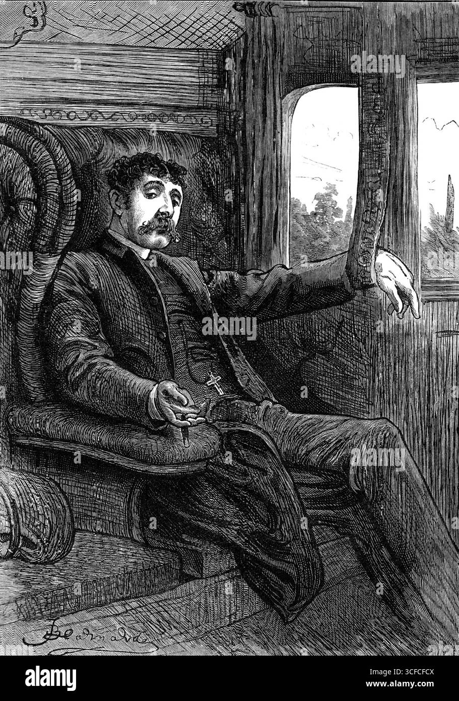"Vous opposez-vous à fumer, Monsieur ?", 1881. Illustration à "personnes que j'ai rencontrées". 'Je voyageais de Londres à Brighton; mon seul compagnon dans la voiture était un jeune homme qui pouvait tout de suite être reconnu comme un ritualiste, un prêtre... il portait un crucifix, suspendu à sa chaîne de montre, et sa tenue consistait en un costume noir... le collier de chien qui s'élevait au-dessus de la toile noire était d'une pureté impeccable, et les gants gris que le jeune ecclésiastique s'était permis - sa seule déviation du noir et blanc strict - semblaient avoir été achetés à Jouvin ce matin même, si bien Banque D'Images