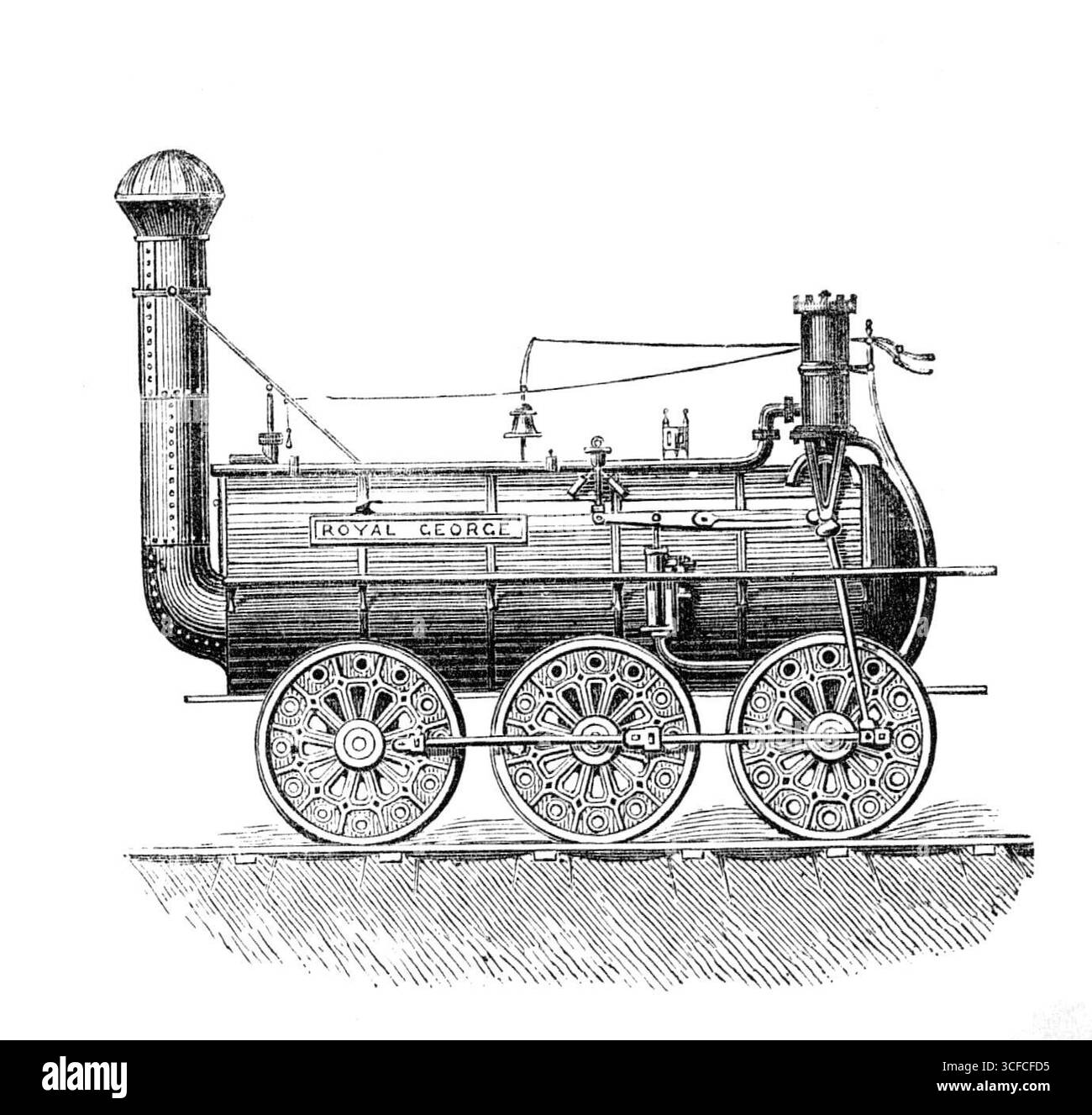 George Stephenson, père des chemins de fer : le Royal George, 1881. Ancienne locomotive à vapeur, construite en 1827. Parmi de nombreuses nouvelles caractéristiques clés, il a notamment incorporé un jet de vapeur correctement aligné. Timothy Hackworth est généralement reconnu comme l'inventeur de ce concept. Illustration publiée dans un supplément spécial pour célébrer le centenaire de la naissance de l'ingénieur civil et ingénieur mécanique britannique George Stephenson (1781-1848). Tiré de "Illustrated London News", 1881. Banque D'Images