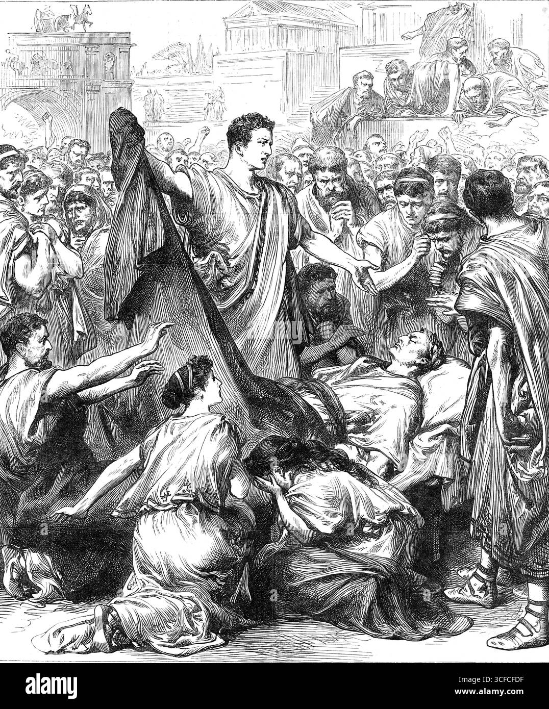 Scène de "Julius Caesar", jouée au Drury Lane Theatre par la Cour de Saxe-Meiningen, 1881. 'L'illustration présentée par la gravure sur notre page d'accueil est de...acte troisième, scène 2, où Antony découvre le cadavre de César à la vue des Romains assemblés : "Regardez-vous ici ! Voici lui-même, entaché, comme vous le voyez, de traîtres. La composition pittoresque des figures, et la variété dramatique de leurs gestes et expressions, dans la foule ici entourant la bière à laquelle Antony est descendu après son discours de la chaire, alors qu'il tire de la jetée du manteau Banque D'Images