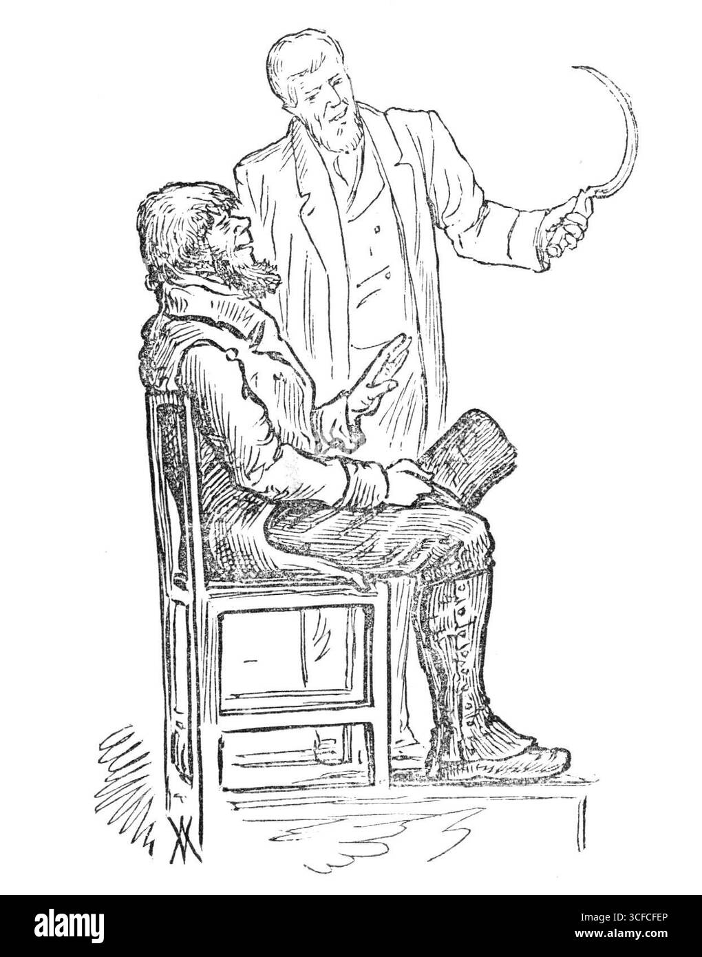Aux assises de Galway : témoin de la défense et son interprète, 1881. 'Le cas qui m'intéressait le plus était celui d'une tentative d'épave. Un grand bateau à vapeur avait débarqué entre les rochers, sur lequel les indigènes de ces parties (une partie sauvage du comté de Galway [en Irlande]) sont descendus avec des crochets à la main pour l'accueillir. Les garde-côtes, qui avaient heureusement pris possession plus tôt, arrêtèrent un monsieur pour avoir, avec son crochet de récolte particulier, coupé l'un des colporteurs par lequel elle fut mise à l'abri des rochers. Les autres messieurs, qui sont venus jurer son innocence, ignorent tous Banque D'Images