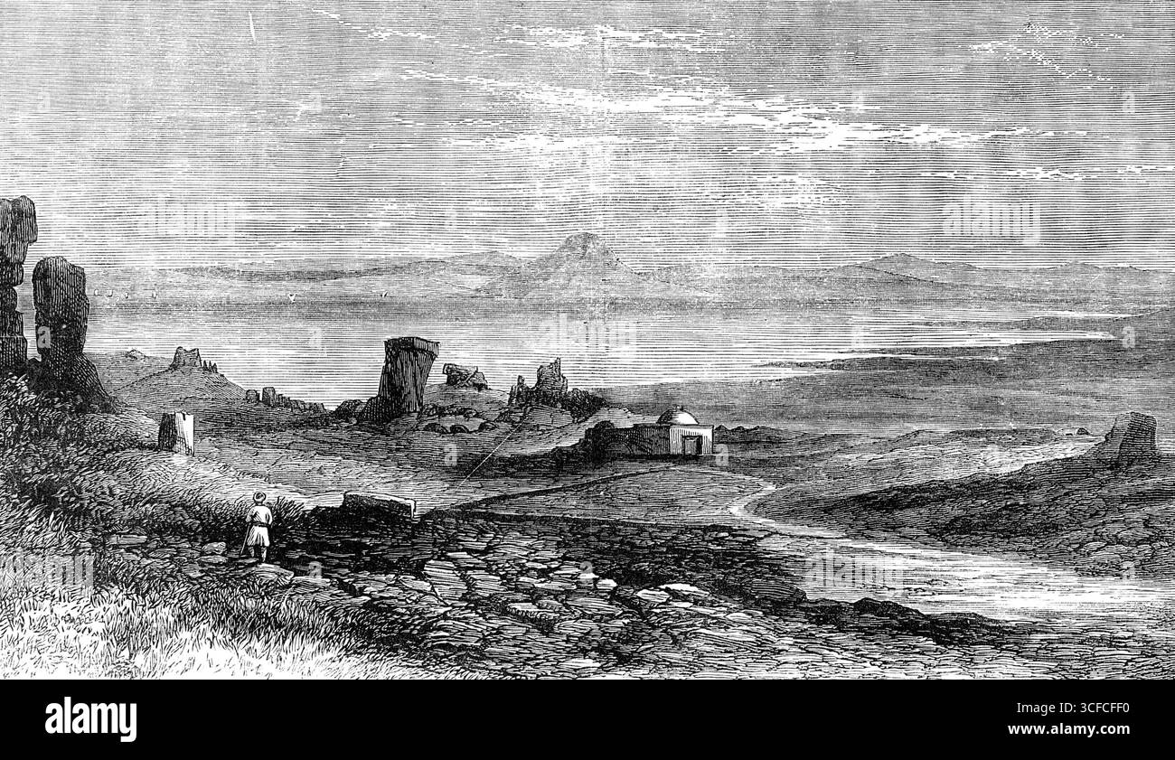 Les ruines de Carthage, à trois milles de Tunis, 1881. 'La ville de Tunis... n'est qu'à trois miles des ruines de l'ancienne Carthage, montrées dans notre illustration. Carthage, la Venise de l'ancien monde, rivale de la Rome républicaine, était une colonie phénicienne, originaire de Tyr, fondée au IXe siècle avant le Christ. Sa prospérité commerciale et sa puissance navale, jusqu'à ce que la troisième guerre punique des Romains achève sa destruction, étaient réputées sur toutes les rives et les îles de la Méditerranée, et même parmi celles de l'Europe occidentale sur l'océan Atlantique. Il n'y a pas de doute que Carthaginois maritim Banque D'Images