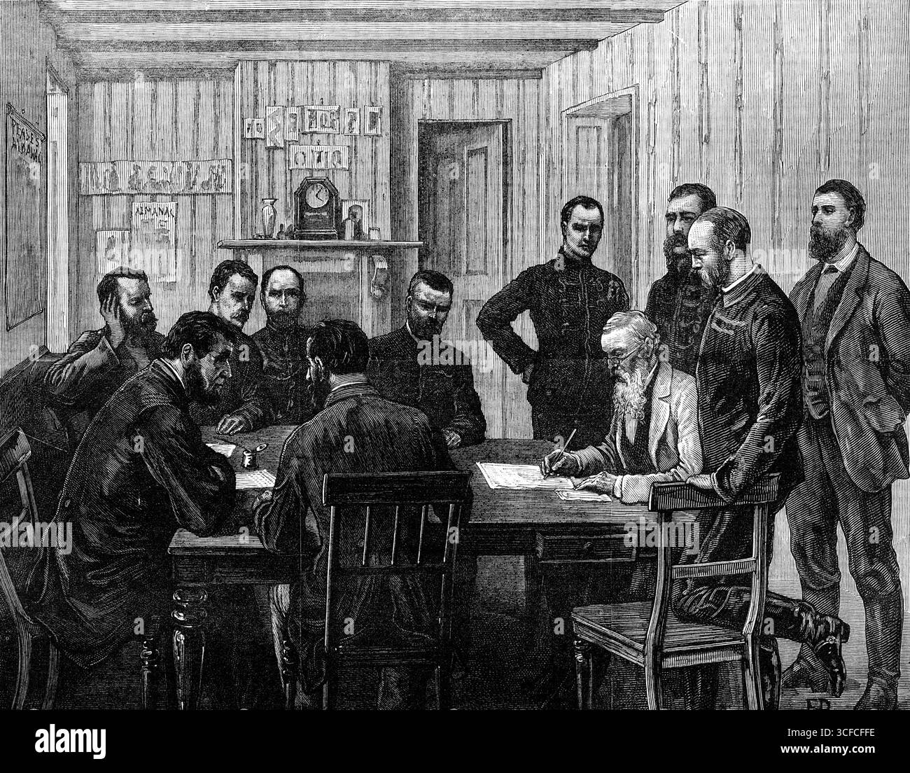 La guerre du Transvaal : signature des termes de la paix avec les Boers à O'Neil's Farm, près du camp de Prospect Hill, le 21 mars 1881. Les Britanniques furent vaincus lors de la première guerre des Boers. Swart Dirk Uys ; Mr. S. Paul Kruger ; Lieut. Hamilton ; Major Clark ; Mr. J. P. Joubert ; Major Fraser ; Capitaine Cropper ; Président Brand (rédaction) ; Capitaine Roberts; général Sir Evelyn Wood ; commandant Smidt...from un croquis de notre artiste spécial. Tiré de "Illustrated London News", 1881. Banque D'Images