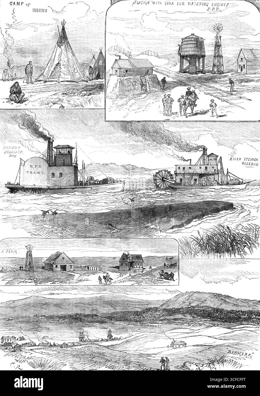 The Far West of America : Sketches in the Dakota Territory, 1881. 'Camp des Indiens ; Station avec réservoir pour les moteurs d'arrosage, M. P. R. ; bateau de transfert ferroviaire ; vapeur fluviale Rosebud ; une ferme; "Bismark" [sic]...nos croquis représentent des scènes sur le chemin de fer récemment construit à travers Dakotah ; les bateaux à vapeur fluviaux, dont l'un avec la roue arrière particulière pour sa propulsion ; le village de Bismarck, une ferme de colons, et un camp indien...[L'] aspect général [du territoire Dakotah, appartenant aux États-Unis d'Amérique] est celui d'une plaine ondulante, s'élevant progressivement, avec un peu bas Banque D'Images