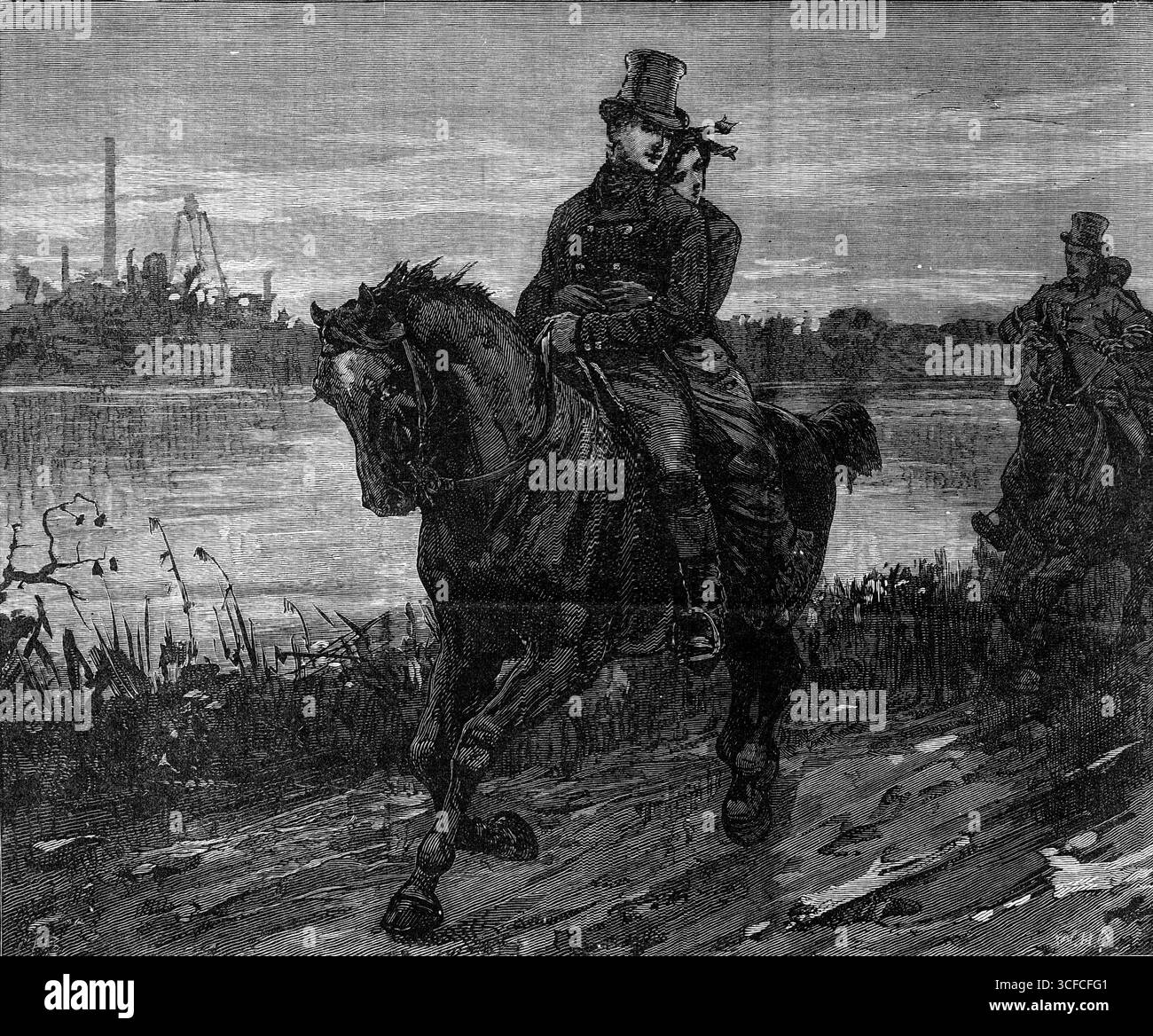 George Stephenson, le père des chemins de fer : Stephenson et sa femme rentrent chez eux le jour de leur mariage, 1881. Le 28 novembre 1802, George Stephenson épouse Fanny Henderson à l'église de Newburn. Après la cérémonie, lui et sa femme sont allés rendre hommage au père et à la mère de George à Jolly's Close. Le vieux Stephenson était encore pompier. De la proximité de Jolly George emmena sa femme chez elle à Wellington Quay, où il fut employé comme porte-parole. Il avait économisé assez d'argent pour meubler un chalet d'une manière très humble, et alors lui et sa mariée voyagèrent dans la jolie vieille mode de selle et de pèlerin Banque D'Images