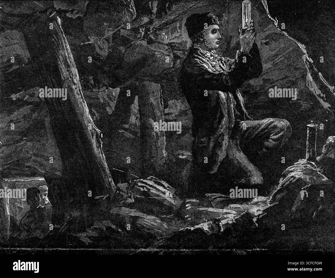 George Stephenson, le père des chemins de fer : Stephenson expérimente la lampe de sécurité dans une mine, 1881. '...il a inventé la lampe de sécurité, stimulée par les fréquentes explosions mortelles dans les mines locales. Il n'y a rien de plus dramatique dans l'histoire biographique que la façon dont il a testé sa puissance au péril de sa vie. Accompagné à minuit par son ami Mr. Nicholas Wood et son fils Robert, il descendit la fosse, et, les laissant à une distance de sécurité,... courageusement tendit sa lampe au milieu du gaz. La mort certaine et instantanée aurait dû suivre si son invention n'avait pas été co Banque D'Images