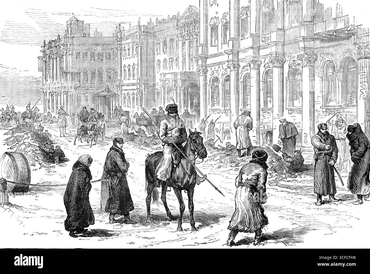 Les conspirations à Pétersbourg : à la recherche de mines devant le Palais d'hiver, 1881. Le procès des six personnes, dont deux jeunes femmes, concernées par la récente conspiration fatale pour assassiner le regretté empereur Alexandre Ier, a eu lieu la semaine dernière, occupant jeudi, vendredi et samedi, et le verdict a été rendu tôt le dimanche matin. Ils ont tous été reconnus coupables, et condamnés à être pendus... Un croquis de notre artiste spécial, réalisé la semaine dernière, représente les opérations qui se poursuivent pour rechercher des torpilles cachées et des mines devant le Palais d'hiver. La police le dit à tout le monde Banque D'Images