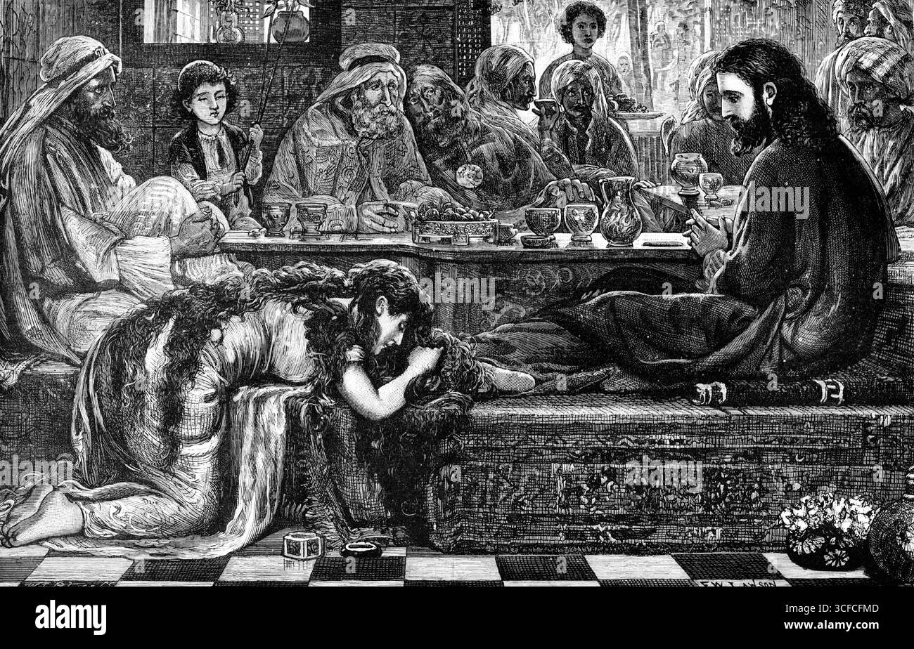 Jésus à la Maison du Pharisien, d'après la photo de F. W. Lawson, 1881. Gravure d'un tableau représentant "...la visite de notre Sauveur à la maison de Simon le pharisien, quand la Madeleine a montré un tel abnégation touchant, et conféré à notre Seigneur les courtoisies qui avaient été oubliées par son hôte...l'attitude du peintre a été entièrement révérencieuse. Nous voyons la maison du pharisien méprisant, la table posée pour un repas. Simon lui-même à la tête de celui-ci, se saisissant négligemment des genoux, semble à moitié amusé et à moitié méprisé de son invité... notre Sauveur regarde... avec Tender pi Banque D'Images
