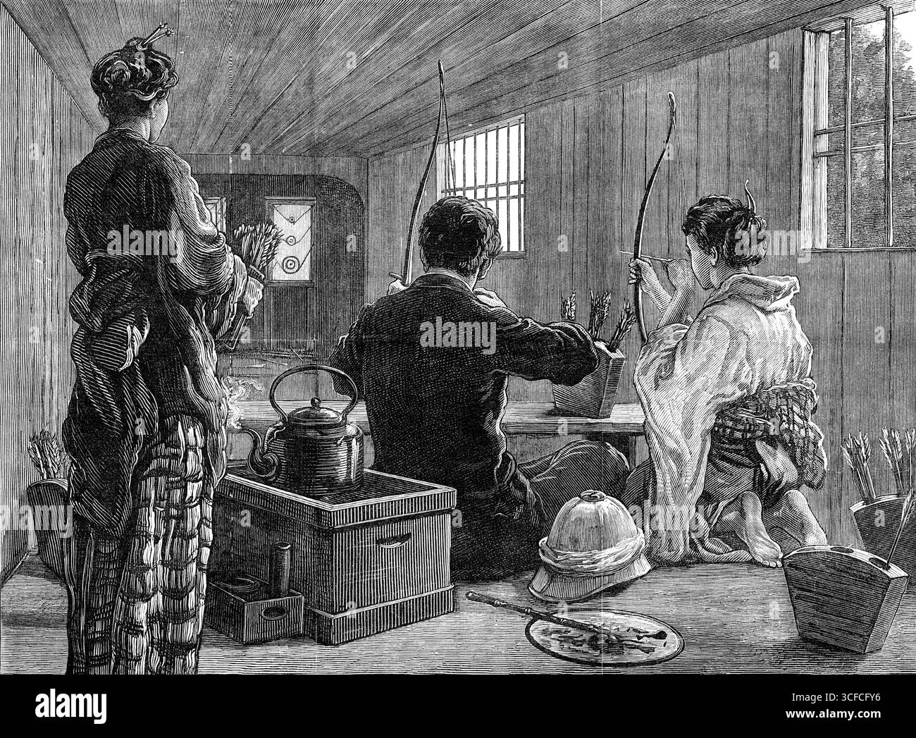 Une maison de tir à l'arc japonaise à Jeddo, 1881. 'M. Joseph Bell, notre artiste spécial... a visité l'un des lieux habitués de loisirs pour les indigènes de la classe tranquille et élégante. C'est une maison de thé, construite en bois mince et en papier au milieu d'un bosquet ou d'un jardin, et simplement meublée, avec quelques nattes et tabourets, et avec une petite boîte à charbon de bois pour garder la bouilloire toujours bouillante : juste le plus bel endroit qui peut être conçu pour se prélasser par un après-midi chaud d'été. Le genre spécial de diversion qui est offert aux dames et messieurs... est une petite pratique de tir à l'arc doux... voici deux J Banque D'Images
