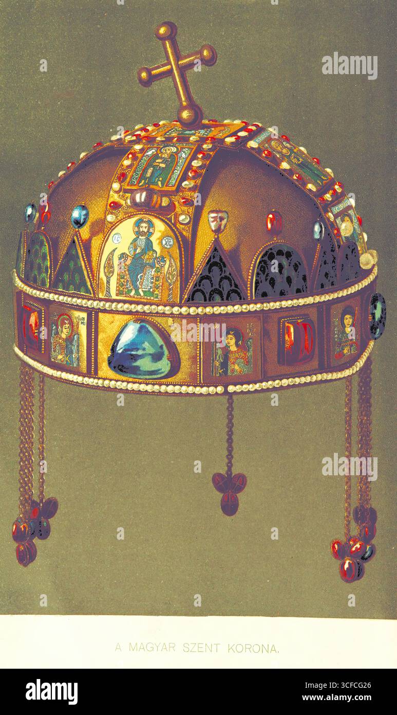 La Sainte Couronne de Hongrie,1895. (Un Magyar Szent Korona). La couronne de Saint-Étienne est utilisée pour les couronnements des monarques hongrois depuis le XIIe siècle. Page 10 tirée de "A magyar nemzet tortenete. Szerkeszti Szil&#xe1;gyi S [L'histoire de la nation hongroise, par Szerkeszti Szil&#xe1;gyi S. avec cartes et illustrations.]", 1895. Banque D'Images