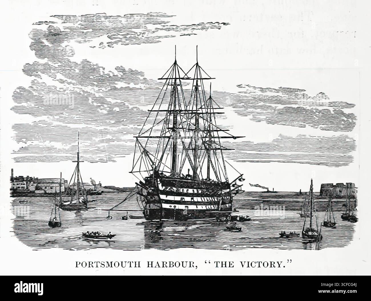 Port de Portsmouth, "la victoire", 1892. HMS Victory, navire amiral de Nelson et célèbre navire de guerre de la Royal Navy. Page 104 tirée de "About England or First Lessons in English Geography" par Mark James Barrington Ward, 1892. Banque D'Images