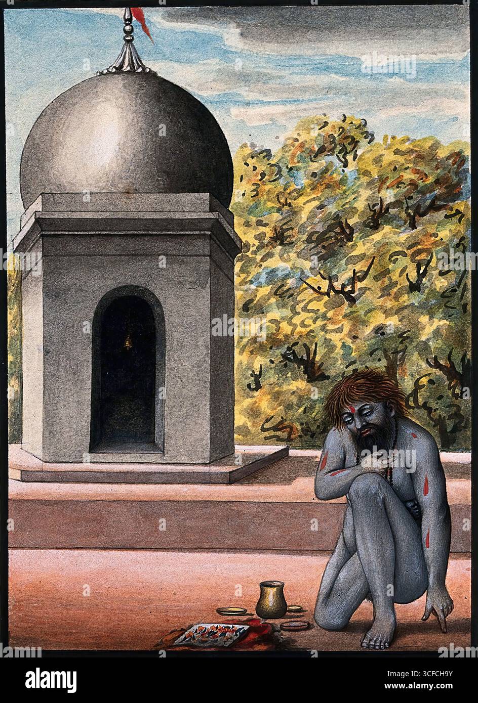Un ascète hindou ou un homme Saint, effectuant des austérités en dehors d'un temple ( ?), 1880. Informations complémentaires : L'homme soutient son poids sur son genou droit, son pied gauche et son index gauche. Il semble porter un pagne, et a des perles autour de son cou et dans sa main droite. Son corps est couvert de cendres et son front et le haut du corps sont décorés de stries rouges. Il a les cheveux dépouillés et une barbe foncée. A ses côtés se trouvent son kamandal (pot sacré) et d'autres objets. Une cloche dorée peut être aperçue dans le temple ( ?), et il y a du feuillage en arrière-plan. Banque D'Images