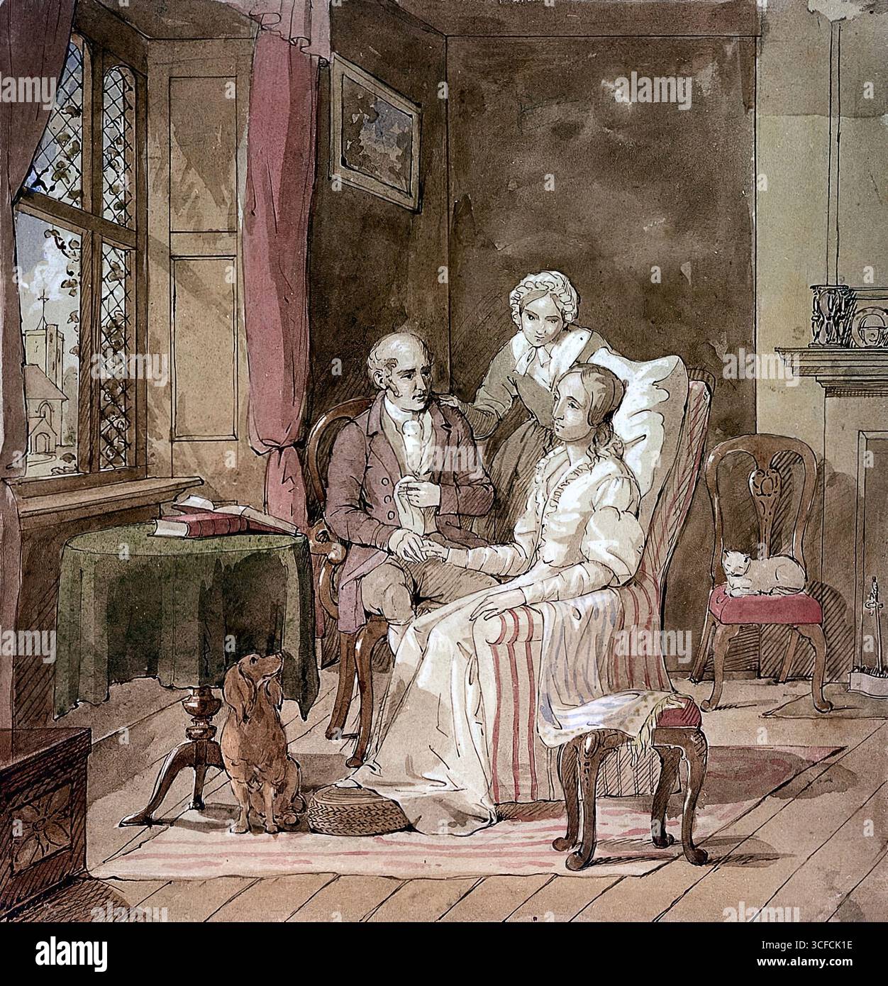 Un médecin prenant la main d'une patiente malade, sa mère est debout près d'eux, c1850. Banque D'Images Un médecin prenant la main d'une patiente malade, sa mère est debout près d'eux, c1850. Banque D'Images