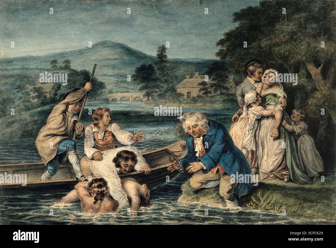 Un homme amené par bateau semble s'être noyé, sa femme et sa famille pleurent sur le rivage, c1800. Banque D'Images