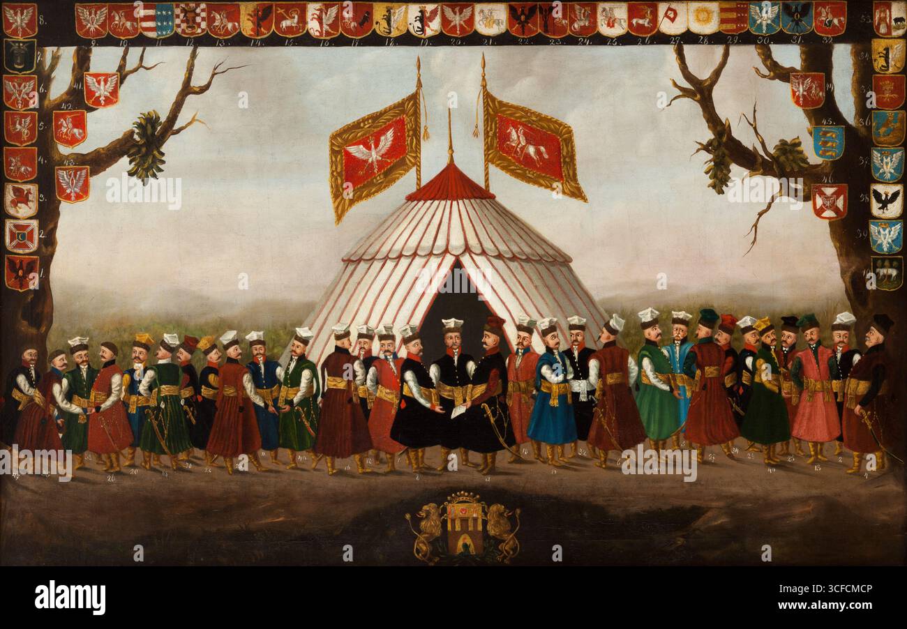 Nobles en uniformes de voïvodie, fin du XVIIIe siècle. Informations supplémentaires : le rassemblement de la noblesse dans des tenues nationales sous la tente avec les bannières polonaises et lituaniennes n'est pas une scène historique spécifique. Le but de cette peinture est seulement de montrer les couleurs des vêtements &#xa0;kontusz&#xa0;et&#xa0;zupan&#xa0;robes, qui ont été adoptées au Sejm en 1776. À partir de ce moment, lors des réunions du Sejm, des conseils régionaux et de diverses réunions publiques, les nobles devaient porter des tenues aux couleurs unifiées, attribuées à la voïvodie dans laquelle ils vivaient. Par sa décision, le Sejm voulait arrêter le Banque D'Images