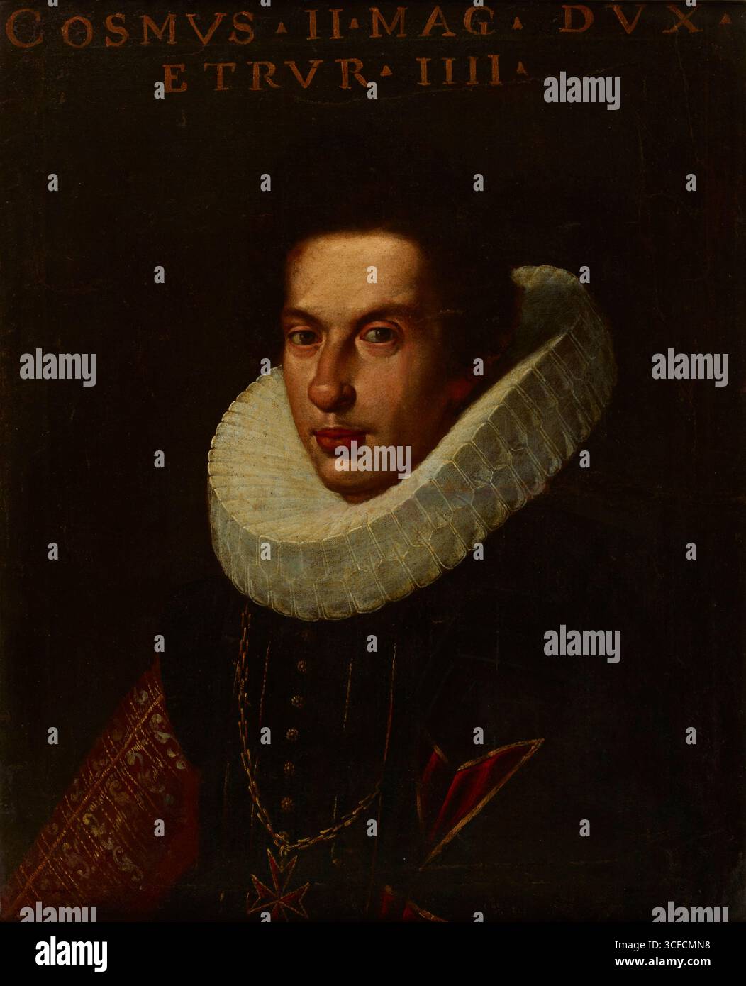 Portrait de Cosme II de Médicis (1590-1621), Grand-Duc de Toscane, XVIIe siècle. Informations complémentaires : L'inscription en haut de la peinture informe qu'il s'agit d'une représentation portrait de Cosme II de Médicis, le fils de Ferdinando I de Médicis, Grand-Duc de Toscane, et Christine de Lorraine. Représenté dans un format de taille de buste, le sitter porte une tenue de cour, à laquelle est accroché l'insigne de croix-son en tant que Grand Maître du Saint ordre militaire de Saint-Étienne Pape et Martyr. Banque D'Images Portrait de Cosme II de Médicis (1590-1621), Grand-Duc de Toscane, XVIIe siècle. Informations complémentaires : L'inscription en haut de la peinture informe qu'il s'agit d'une représentation portrait de Cosme II de Médicis, le fils de Ferdinando I de Médicis, Grand-Duc de Toscane, et Christine de Lorraine. Représenté dans un format de taille de buste, le sitter porte une tenue de cour, à laquelle est accroché l'insigne de croix-son en tant que Grand Maître du Saint ordre militaire de Saint-Étienne Pape et Martyr. Banque D'Images