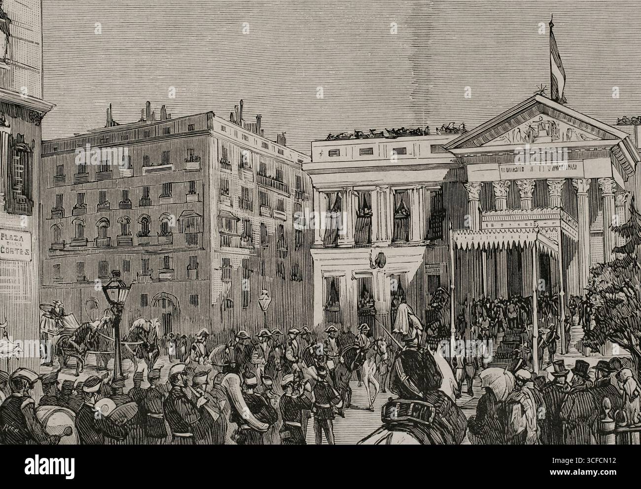 Ouverture des tribunaux espagnols le 15 février 1878, Madrid, Espagne, 1878. Arrivée du Roi et de la Reine au Palais des cours. Tiré de "la Ilustraci&#XF3;n Espa&#xf1;ola y Americana", 1878. Banque D'Images