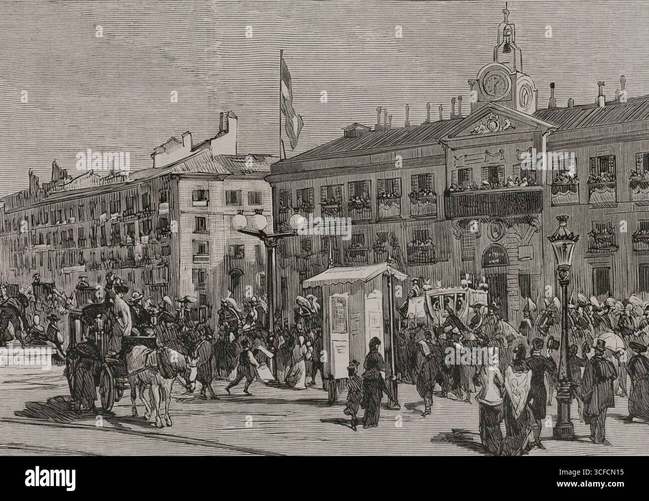 Ouverture des tribunaux espagnols le 15 février 1878, Madrid, Espagne, 1878. Itinéraire du roi et de la reine au Palais des cours. Passage de l'entourage royal par la Puerta del sol (porte du Soleil). Tiré de "la Ilustraci&#XF3;n Espa&#xf1;ola y Americana", 1878. Banque D'Images