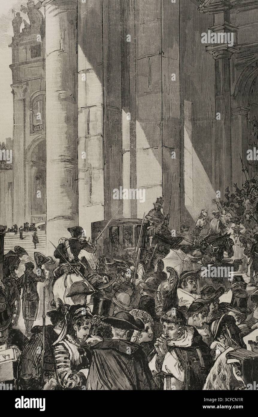 Le peuple envahit la colonnade du Bernin dans la Cité du Vatican après avoir reçu la nouvelle de la mort du pape Pie IX le 7 février 1878 (1878). Pie IX (1792-1878) fut pape de 1846 jusqu'à sa mort. Tiré de "la Ilustraci&#XF3;n Espa&#xf1;ola y Americana", 1878. Banque D'Images