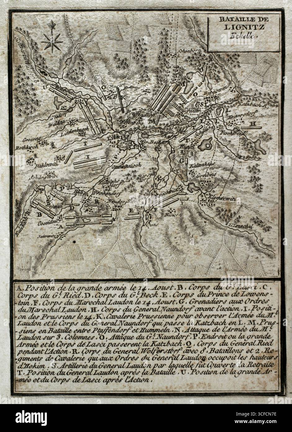 Guerre de sept ans (1756-1763) : troisième guerre de Silésie - carte de la bataille de Liegnitz (15 août 1760), 1765. Il a eu lieu sur la rive de la rivière Katzbach, dans le nord de la Silésie. Une armée impériale autrichienne, commandée par le maréchal Daun, affronte l'armée prussienne dirigée par Frédéric le Grand. Les Autrichiens ont été vaincus par les Prussiens. Publié en 1765 par le cartographe Jean de Beaurain (1696-1771) comme illustration de sa "Grande carte de l'Allemagne, avec les événements qui ont eu lieu pendant la guerre de sept ans". Édition française, 1765. Banque D'Images