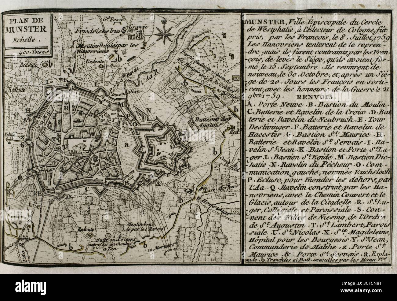 Seven Years War (1756-1763) : Plan of M&#xfc;nster, 1759 (Allemagne), 1765. Cité épiscopale du cercle impérial de Westphalie. Elle a été prise par les Français le 8 juillet 1759. Les Hanovriens tentent de reprendre Munster, mais le 15 septembre, les Français réussissent à lever le siège de la ville. Les Hanovriens sont revenus le 30 octobre, et après un siège de 20 jours, les Français ont dû l'abandonner, repartant avec les honneurs de la guerre le 21 novembre 1759. Publié en 1765 par le cartographe Jean de Beaurain (1696-1771) comme illustration de sa "Grande carte de l'Allemagne, avec les événements qui ont eu lieu pendant Banque D'Images