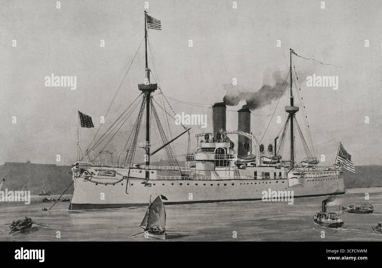 Guerre hispano-américaine : cuirassé américain "Maine" ancré dans le port de la Havane, Cuba, 1898. Le 15 février 1898, l'USS Maine explose, servant de prétexte aux États-Unis pour déclarer la guerre à l'Espagne. Tiré de "la Ilustración Española y Americana", 1898. Banque D'Images