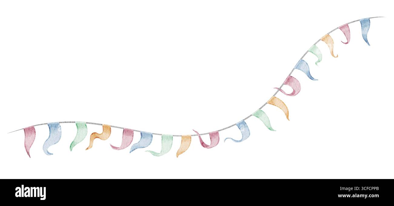 Queue de cerf-volant aquarelle avec bandes de ruban dans des tons pastel. Illustration de guirlande de triangle fluide courbe pour cartes de voeux de douche de bébé ou invitations de fête enfantine. Clipart pour la conception d'anniversaire. Banque D'Images