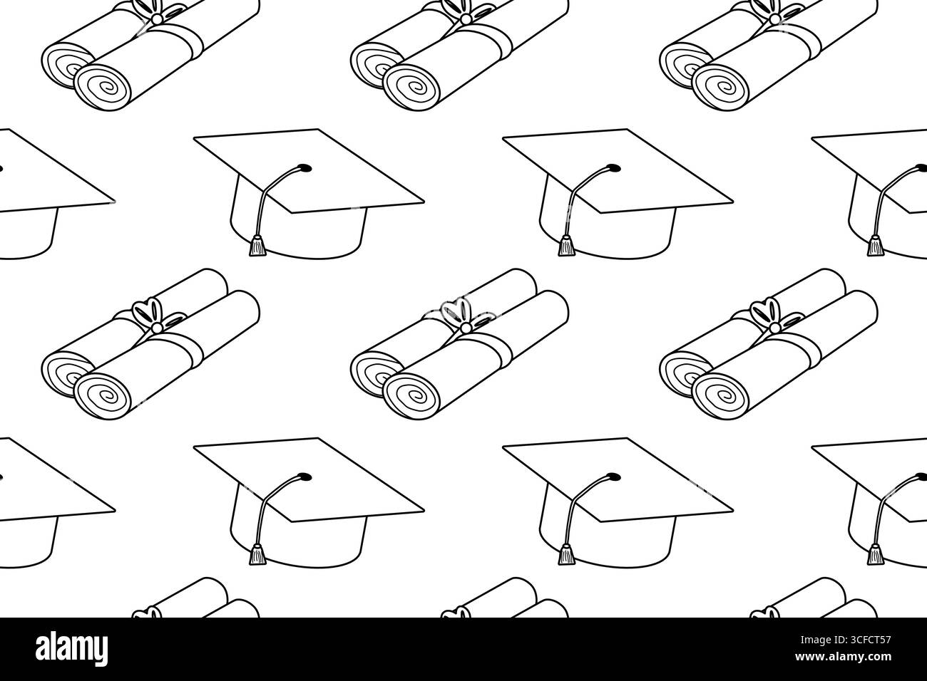Coloriage de vecteur modèle sans couture avec des chapeaux de graduation et des diplômes. Pour divertir les enfants, la rentrée scolaire ou l'éducation printab noir et blanc Illustration de Vecteur