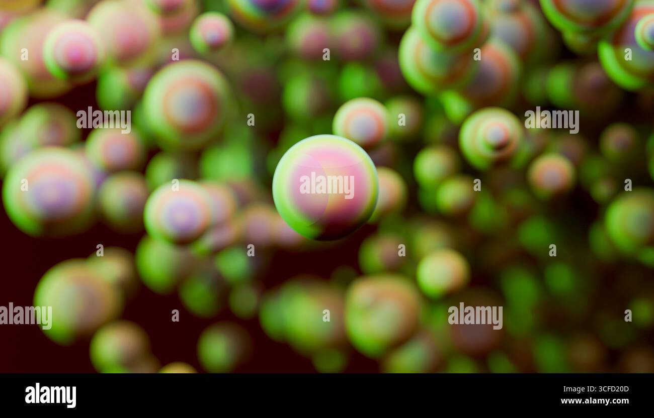 Une gamme vibrante de sphères vertes et roses brillantes flottant dans un motif abstrait. Illustration, rendu Banque D'Images