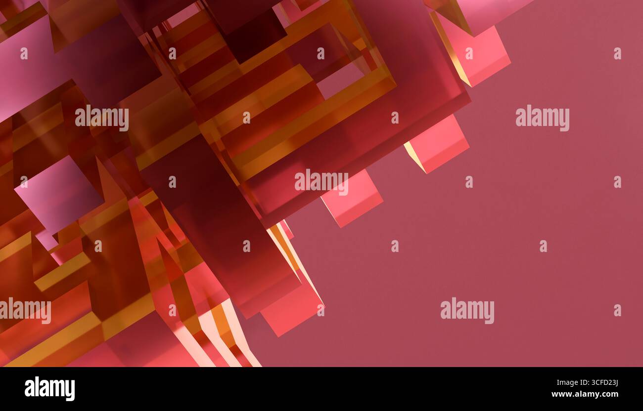 Formes géométriques abstraites 3D dans les tons de rose et d'orange sur un fond rose lisse. Illustration, rendu Banque D'Images
