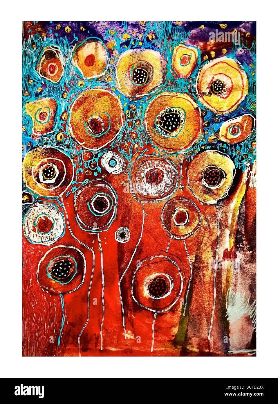 Peinture abstraite avec des fleurs vibrantes et des motifs tourbillonnants dans des couleurs chaudes. Banque D'Images