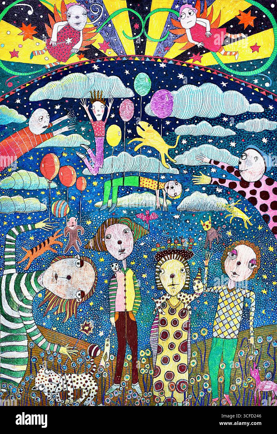 Scène fantaisie colorée avec des personnages fantaisistes, des étoiles et des ballons sous un ciel vibrant. Banque D'Images