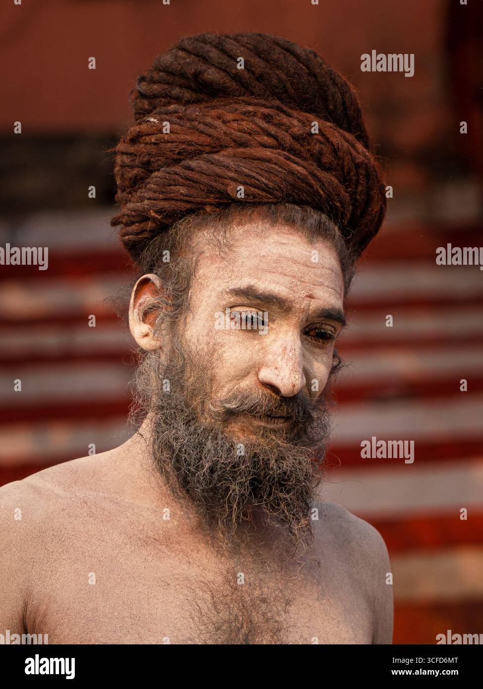 Naga Sadhu (ascète hindou) couvert de frêne sacré (Bhasma) arrangeant ses dreadlocks sur les Ghats de Varanasi. Banque D'Images