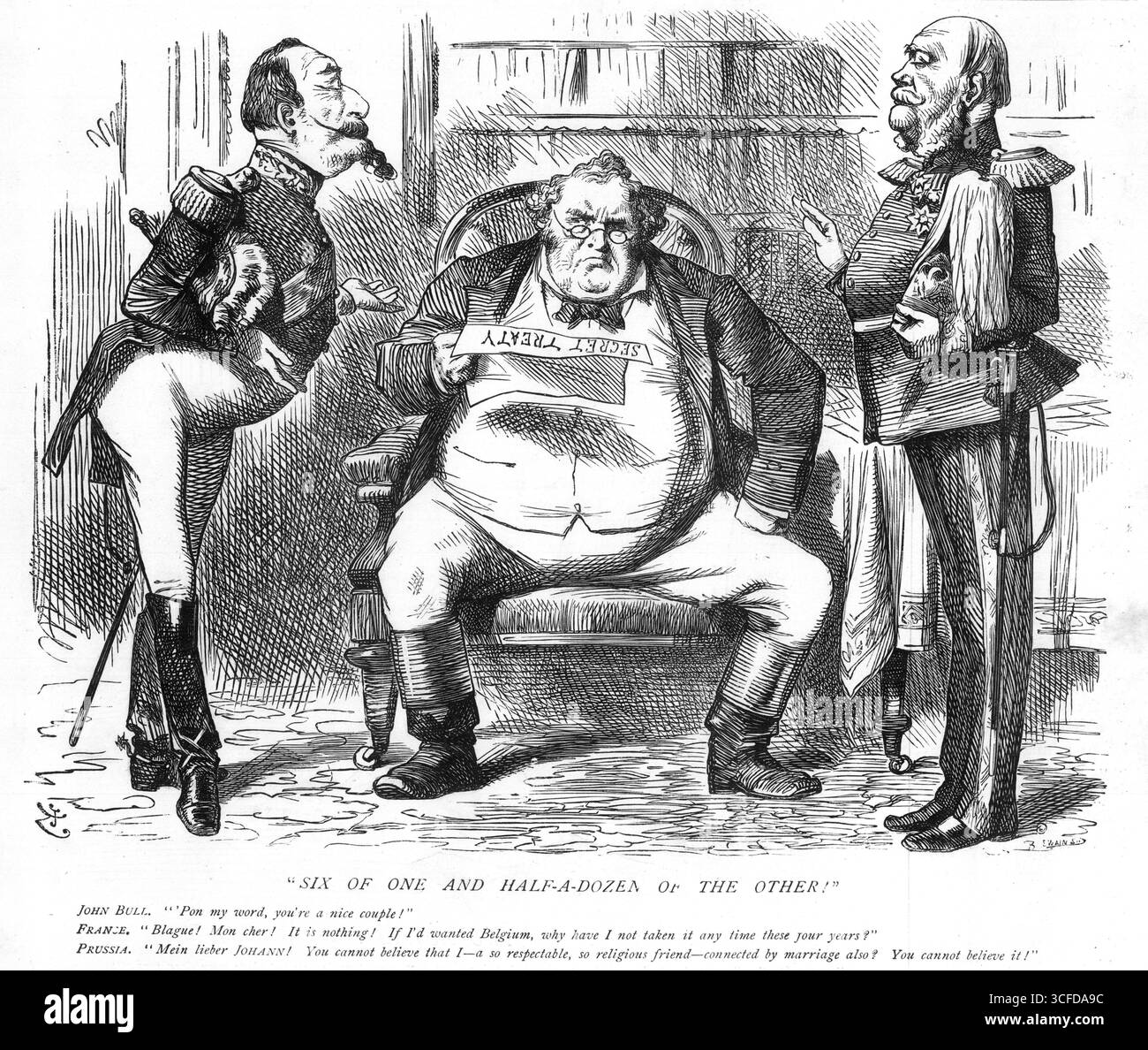 SIX D'UNE ET DEMI-DOUZAINE DE L'AUTRE !John Bull : 'Pon ma parole, vous êtes un couple gentil ! France : Blague ! Mon cher ! Ce n'est rien ! Si j'avais voulu la Belgique, pourquoi ne l'ai-je pas prise de temps ces quatre années ? Prusse : Mein lieber Johann ! Vous ne pouvez pas croire que moi - un ami si respectable, si religieux - lié par le mariage aussi ? Vous ne pouvez pas le croire ! 21 juillet 1870 M. Gladstone a déclaré que la France et la Prusse avaient donné des assurances satisfaisantes de leur volonté de respecter la neutralité de la Belgique, de la Hollande et du Luxembourg, en supposant qu'elles étaient capables de défendre chacune leur propre territoire ; et cela Banque D'Images