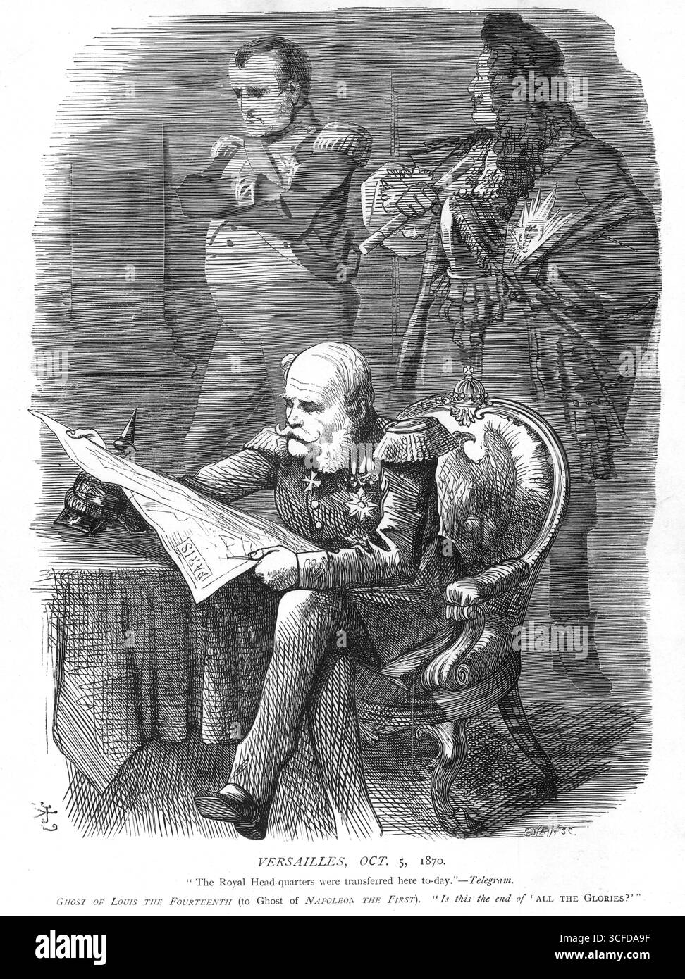 VERSAILLES, OCT. 5, 1870.'les quartiers généraux royaux ont été transférés ici aujourd'hui.' Télégramme. Fantôme de Louis le quatorzième (à fantôme de Napoléon le premier). Est-ce la fin de 'TOUS LES Glories ?' Le 5 octobre 1870, il est annoncé que le siège royal allemand sera transféré de Ferrières à Versailles. Banque D'Images