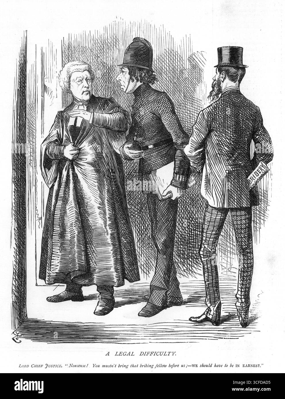 Une DIFFICULTÉ JURIDIQUE. Lord Chief Justice. 'Non-sens ! Vous ne devez pas amener cet homme corrompu devant nous ; NOUS devrions être SINCÈRES. » 13 février 1868 le Parlement, qui s'était ajourné le 7 décembre, a repris ses séances ce jour-là. Le Chancelier de l'Échiquier a présenté un projet de loi visant à modifier la loi relative aux pétitions électorales, en particulier la prévention des pots-de-vin et de la corruption. Il avait initialement prévu que les affaires de corruption électorale soient retirées de la compétence de la Chambre des communes et soient jugées par les juges. Mais les juges, par la bouche du Seigneur Chef jus Banque D'Images