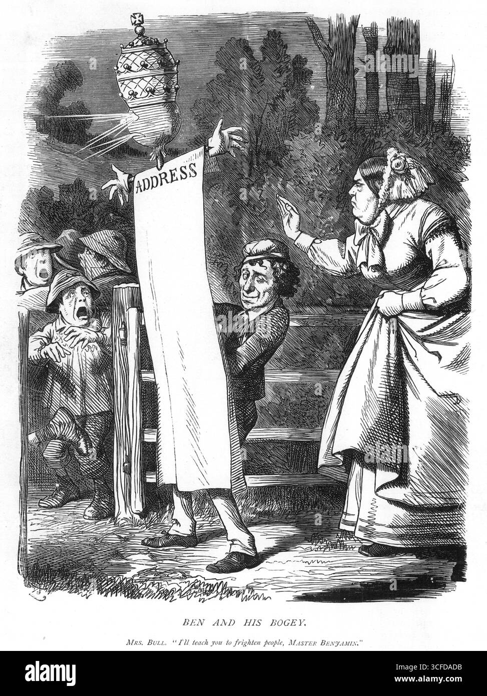 BEN ET SON BOGEY.MRS Bull : je vais vous apprendre à effrayer les gens, Maître Benjamin. 2 octobre 1868 dans son discours aux électeurs du Buckinghamshire, M. Disraeli a vigoureusement soulevé le vieux cri de « l'Église en danger » et n'a pas laissé entendre obstinément que le véritable triomphe en cas de démantèlement de l'Église irlandaise serait le triomphe de Rome. Banque D'Images