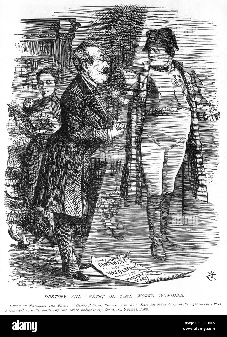 DESTIN ET 'FETE', OU LE TEMPS TRAVAILLE MERVEILLES.fantôme de Napoléon le premier : très flatté, je suis sûr, mon cher ! - Osez dire que vous faites ce qui est juste. Il y avait un temps - mais peu importe ! - En tout cas, tu rends la vie sûre pour LE JEUNE NUMÉRO quatre. 15 août 1869 L'empereur Napoléon, pour célébrer le centenaire de la naissance de Napoléon Ier, par un acte qui répond à nos sentiments, proclame une amnistie complète pour tous les délinquants politiques. Des pensions accrues ont également été accordées aux survivants de la Grande Armée, les troupes ont été examinées par le prince impérial, et d'autres festivités se sont livrées. Banque D'Images