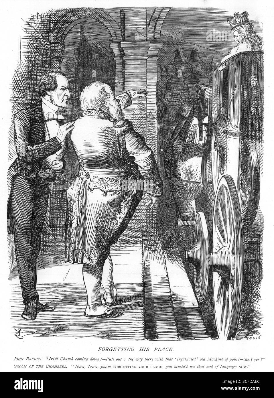 OUBLIER SA PLACE.John Bright : Irish Church qui descend ! Sortez du chemin avec votre vieille machine « passionnée ». Vous ne pouvez pas y aller ? Groom of the Chambers : John, John, tu oublies ta place - tu ne dois pas utiliser ce genre de langage maintenant. 14 juin 1869 Mr. Bright, en réponse à une invitation à assister à une réunion à Birmingham pour soutenir le projet de loi sur l’Église irlandaise, s’est livré à un langage très fort concernant la Chambre des lords. S'ils ont retardé l'adoption du projet de loi de trois mois, a-t-il dit, « ils stimuleront la discussion sur des questions importantes qui, mais pour leur infatu Banque D'Images