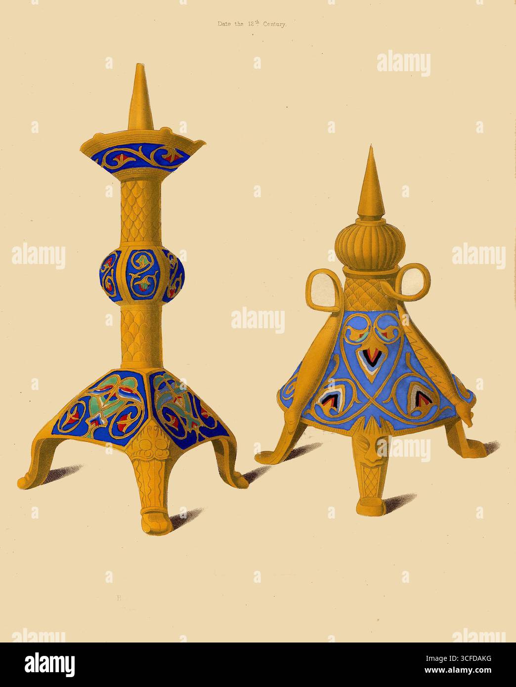 Chandeliers du XIIe siècle - on pense que les chandeliers antérieurs étaient en bois, probablement un peu plus qu'un bâton effilé à l'extrémité supérieure jusqu'à un point, et cela expliquerait l'origine de l'ancienne forme de chandeliers, dans laquelle, au lieu d'être placée dans une douille, la bougie était fixée sur une longue pointe (comme dans les exemples donnés dans notre assiette), plus naturellement que la supposition qu'elle provenait de l'adaptation du candélabre romain plus ancien, en fixant une pointe sur le lieu qui avait été initialement destiné à supporter une lampe. les plus anciens exemples connus de chandeliers avec socke Banque D'Images