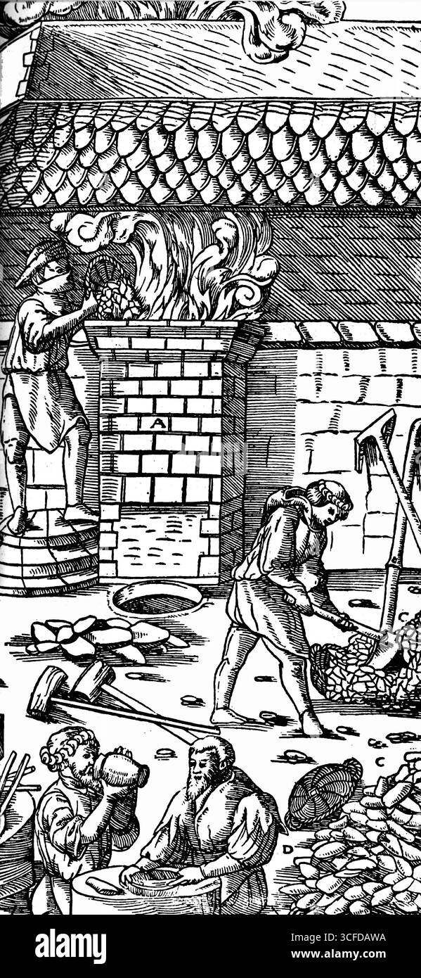 Industrie Tudor. Un four de fusion chauffé au charbon de bois, bientôt remplacé par du charbon, un combustible moins cher et plus abondant. xvie siècle Banque D'Images