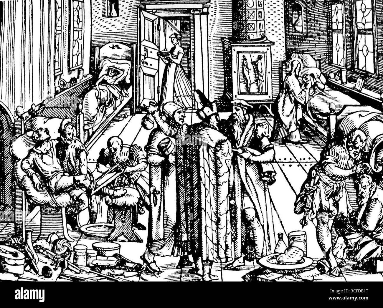 Scène hospitalière du XVIe siècle montrant Paracelse. Paracelse était un alchimiste et médecin allemand de 1493 à 1541 Banque D'Images