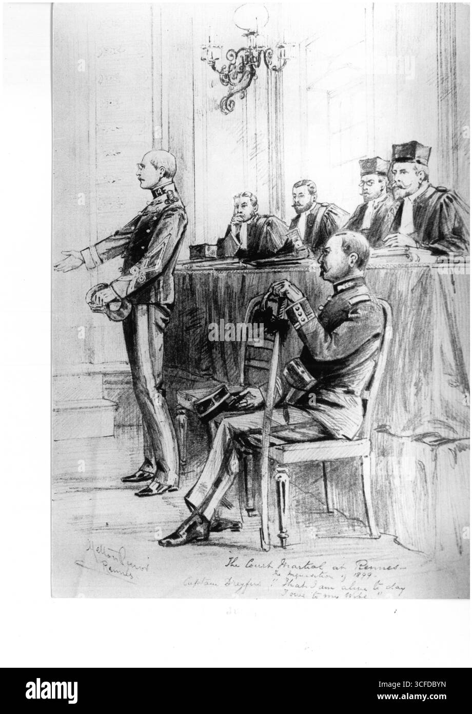 L'affaire Dreyfus - cour martiale de Rennes - Alfred Dreyfus (9 octobre 1859 - 12 juillet 1935) - 'que je suis vivant aujourd'hui je dois à ma femme.) - croquis vers 1899 Banque D'Images