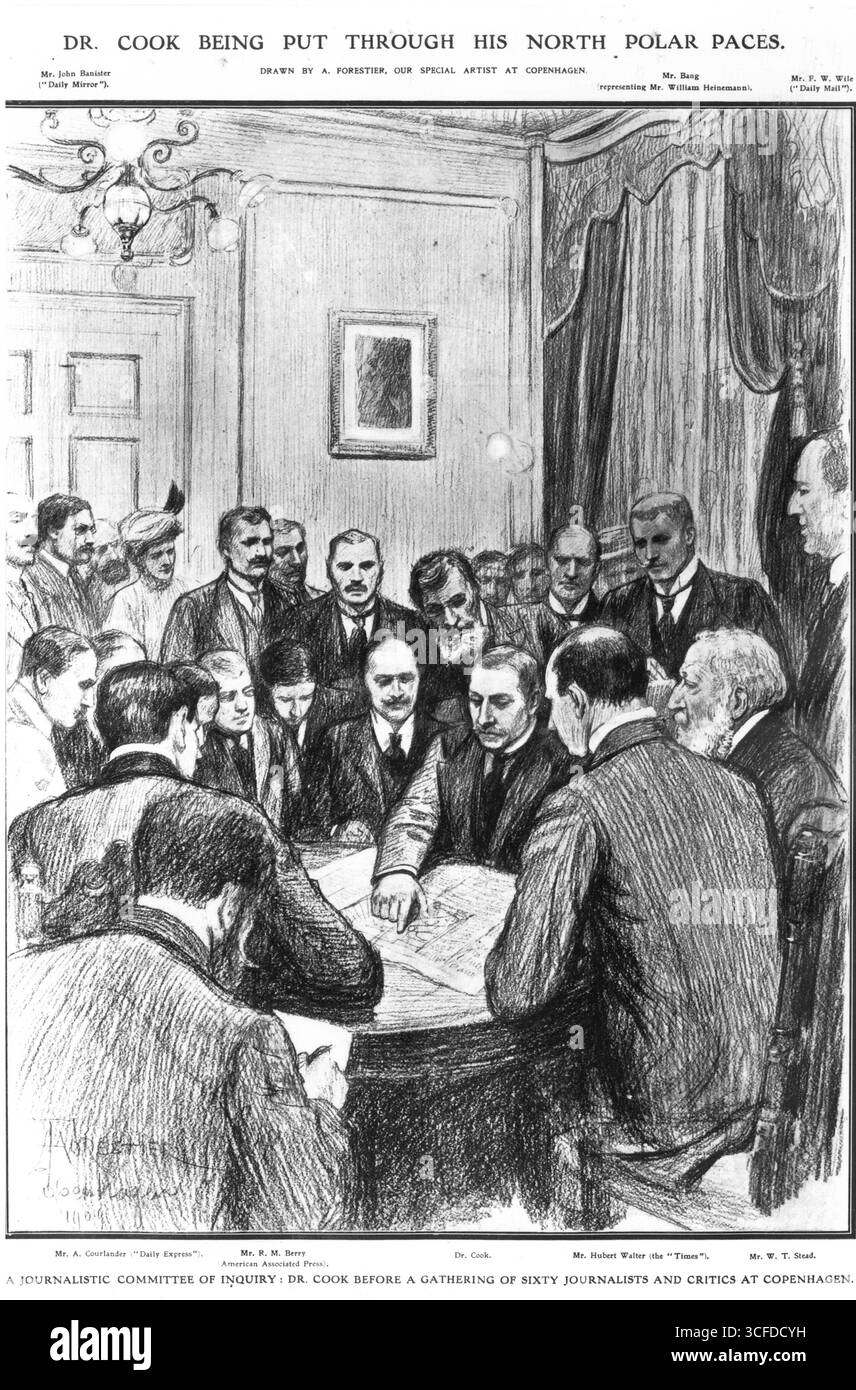 Frederick Cook : 10 juin 1865 - 5 août 1940, explorateur et médecin américain de l'Arctique. Illustration par Un forestier d'un journal de l'époque avec le titre Dr Cook mis à l'épreuve de son Nord Polar : devant un rassemblement de soixante journalistes et critiques à Copenhague , Danemark Banque D'Images Frederick Cook : 10 juin 1865 - 5 août 1940, explorateur et médecin américain de l'Arctique. Illustration par Un forestier d'un journal de l'époque avec le titre Dr Cook mis à l'épreuve de son Nord Polar : devant un rassemblement de soixante journalistes et critiques à Copenhague , Danemark Banque D'Images