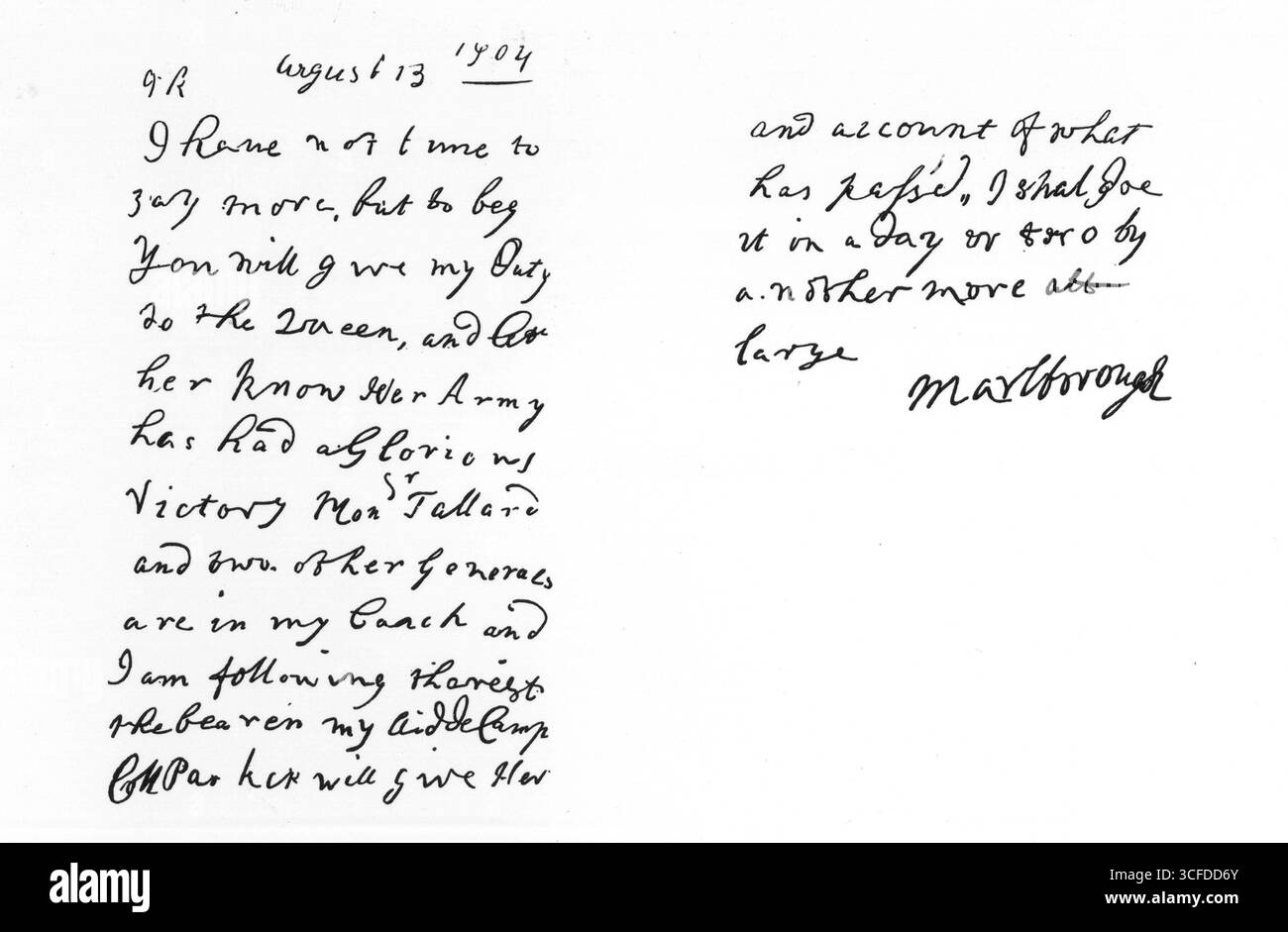 1er duc de Marlborough John Churchill , lettre autographe donnant des nouvelles de la victoire à 1704 ans . Banque D'Images