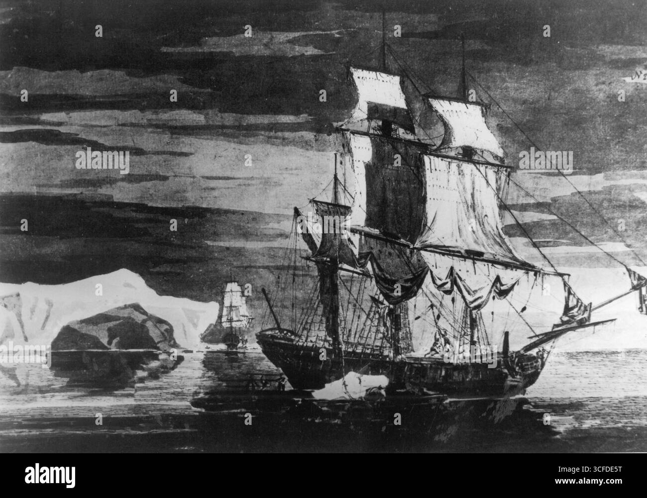 Capitaine James Cook : 1728 - 1779 , explorateur , navigateur et cartographe anglais . Une peinture de ses voyages - L'aventure en premier plan et la résolution HMS en latitude 61 degrés Sud, Antarctique Banque D'Images