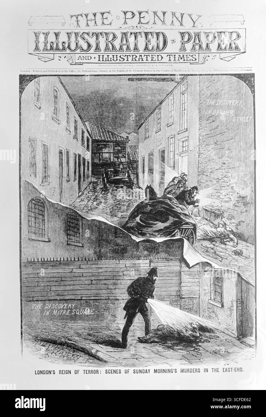 La première page du Penny Illustrated Paper couvrant les meurtres de Jack l'Éventreur. 'London Reign of Terror : scène des meurtres de dimanche matin dans l'East End. 1888 Banque D'Images
