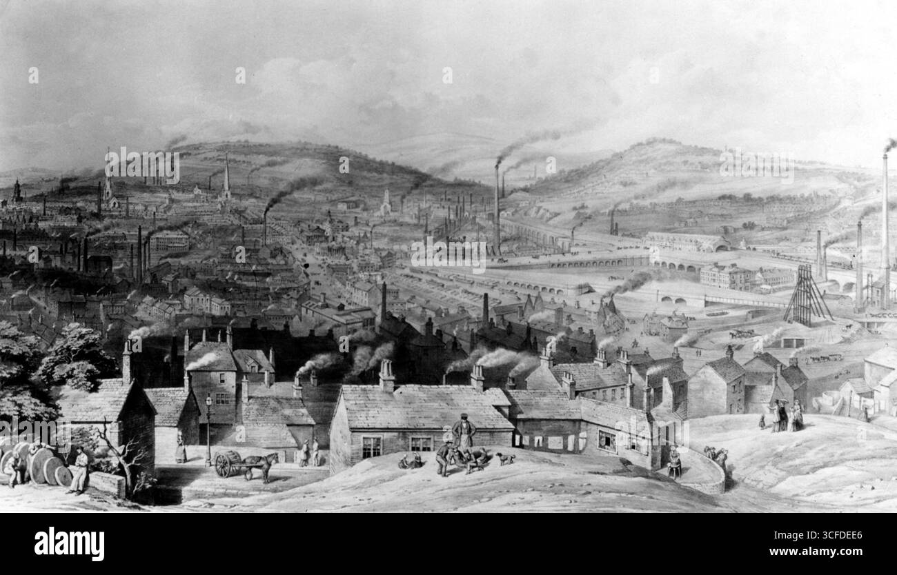 Paysage industriel avec le London and Manchester Railway en arrière-plan (à droite)le Liverpool and Manchester Railway (LMR) était le premier chemin de fer interurbain de voyageurs à deux voies dans lequel tous les trains étaient programmés et étiquetés. Les trains étaient transportés par des locomotives à vapeur de la compagnie entre les deux villes, bien que les wagons privés et les wagons étaient autorisés. La ligne fut ouverte le 15 septembre 1830 et reliait les villes de Liverpool et Manchester dans le nord-ouest de l'Angleterre au Royaume-Uni. Banque D'Images