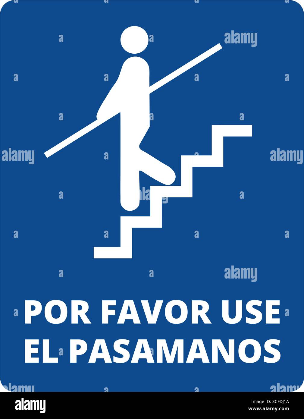 Bleu por faveurs utiliser le signe el pasamanos sur un fond blanc (trad. S'il vous plaît utiliser la main courante ) Illustration de Vecteur