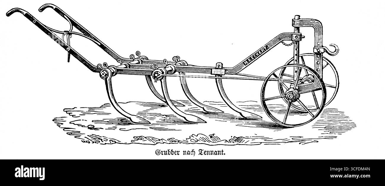 Cultivateur pour ameublissement et effritement du sol selon Tennant, utilisation, préparation de la graine, une dent, roues, agriculture au 19ème siècle, agr Banque D'Images
